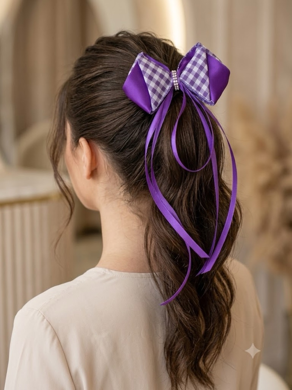 Purple Gingham Ribbon Bow Hair Clip with Long Tails